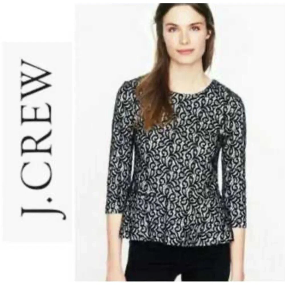 J Crew Lace Overlay Peplum Top Womens XS Black 3/4 Sleeve Dressy Formal Corpcore